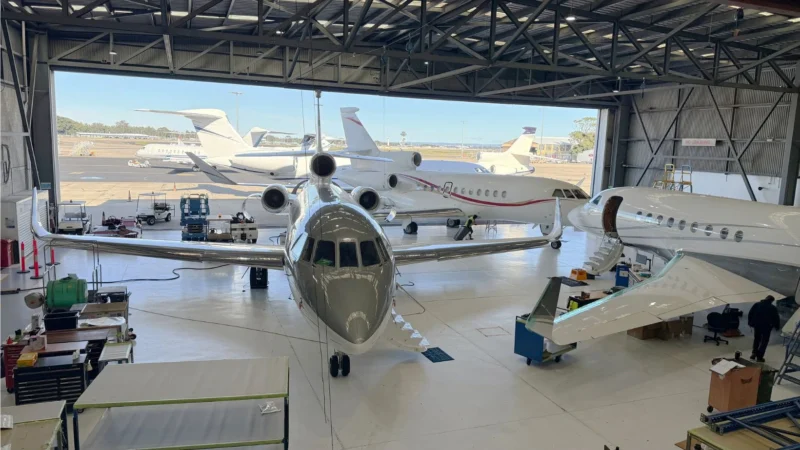 ExecuJet MRO Services Australasia has reached a new operational milestone, with three Dassault Falcon aircraft undergoing heavy maintenance checks concurrently at its Sydney Airport facility - the first time the company has handled such volume simultaneously.
