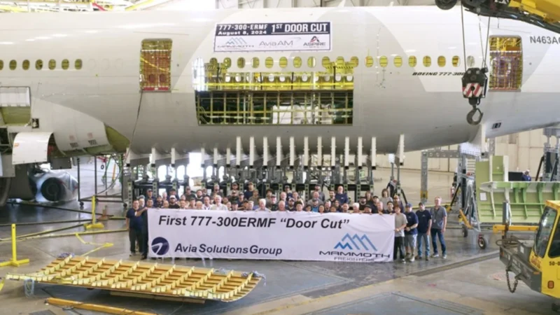 Mammoth Freighters has reached another major milestone in its 777 passenger-to-freighter (P2F) conversion programme with the completion of the door cutting on AviaAM Leasing’s first B777-300ER.